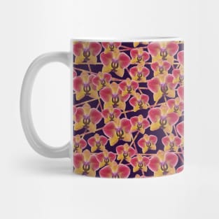 Pink and Yellow Orchid Pattern on Dark Purple Background with Lines Mug